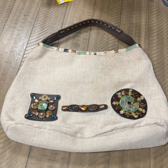 Nine West Boho Beaded Linen Tote Shoulder Bag with Gemstone Accents - Picture 2 of 7